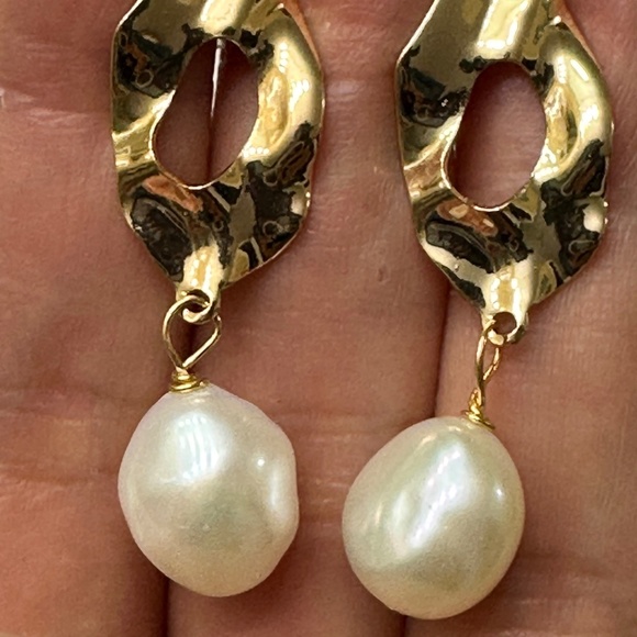 Hand Crafted Jewelry - 11mm White Baroque Pearls Dangling from 14K Gold Plate Earrings
